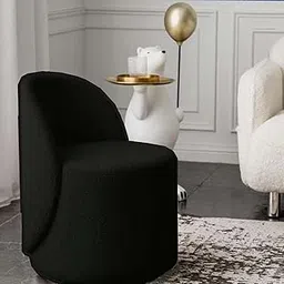 Antique Wood Hub - Boucle Fabric Vanity Chair, Curved Back Makeup Stool with Backrest, Soft Padded Accent Chair for Bedroom, Living Room, Studios (Black)-image-82