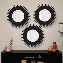 Creative Arts n Frames 11 inch Set of 3 Round Wall Décor Hand Crafted Wooden HD Wall Mirror Panel for Living Room Bedroom Lobby Modern Wall Decor Home Decor Items (Chakra1 Black)-picture-20