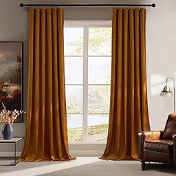 RYB HOME Velvet Curtains 96 inch, Room Darkening Window Curtains for Living Room Thermal Insulated Privacy Backdrop with Back Tab Loop for Bedroom, Golden Oak, W52 x L96 inch, 2 Panels-picture-49