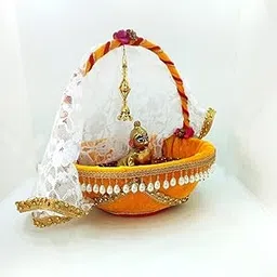 Kidskook Laddu Gopal Carry Rectangular Basket with Adjustable Mosquito Net Beautiful Handcrafted Tokri for Kanha Ji for Upto Size 6(Murti Not Included), Yellow-image-49