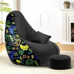 Amazon Brand - Solimo Premium Faux Leather Bean Bag Combo with Footrest & Cushion, Filled with Beans | Capacity: Upto 6 Ft 3 in Height, 120 KG Weight | 4XL | Gamer's Den | Black image 1