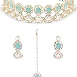 Turquoise Blue Stones & Austrian Diamonds Choker Necklace Earring Maangtikka Set For Women-ZPFK18561-image-50
