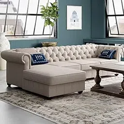 ES ESPINHO ESPN0015 Solid Sal Wood Velvet Upholstered 4 Seater Left Hand Side Facing Button Tufted Chesterfield Modular, Sectional, Corner L Shape Sofa Set for Living Room, Off White Color-image-76