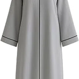 Zoom Women's Long Abaya Dress in Grey with Black Piping, V-Neck Design, Wide Sleeves, Elegant Islamic-picture-56