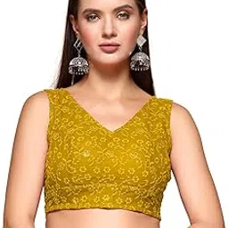oomph! Traditional Ethnic Style Floral Zari Work Readymade Brocade Sleeveless V-Neck Blouse for Pairing with Sarees, lehengas, or Plazzo for Fusion wear-picture-12