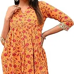 Floral Print Cotton Tunic Top, V-Neck, 3/4 Sleeve, Orange with Pink Flowers-picture-13