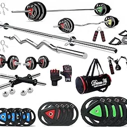 DREAM FIT Professional Metal Integrated Rubber Coated Plates Combo - 70Kg Home Gym Set with 23mm 3 ft curl Rod, 23mm 5 ft Straight Rod, 1 Pair Dumbbell rods with hex Nuts and Gym Accessories (70Kg) image 1