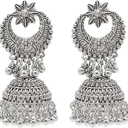 shining jewel - by shivansh Shining Jewel Traditional Indian Antique Silver Oxidised CZ, Crystal Studded Chandbali Jhumka Earring For Women - Silver (SJE_178_S)-picture-16