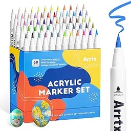 Arrtx 60 Colors Acrylic Coloring Pencils, Color Markers Coloring Pencils, Brush Tip for Stone Painting, Wood, Canvas, Stone, Ceramic, DIY Craft Making Arts Supplies-with Neon & Metallic & Regular-picture-13