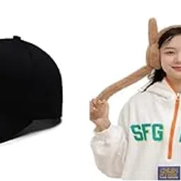 Plain Black Cap for Men and Women and Rabbit Light Brown Earmuff for Girls | Combo of Cap and Earmuff-picture-30