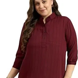 anjir Women's Plus Size Striped Top | Mandarin Collar Polyester Shirt Style Top | 3/4 Sleeve Casual & Office Wear Top-picture-47