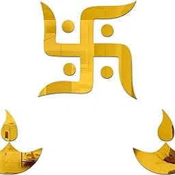 Gold Swastik Diya Wall Mirror Set, Acrylic Religious Decor, 15 cm x 15 cm and 10 cm x 10 cm, 2 Pieces-picture-32