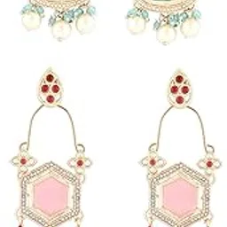 zaveri pearls Set Of 2 Blue & Pink Kundan & Austrian DiamondsTraditional Dangle Drop Earring For Women-ZPFK16871-picture-11