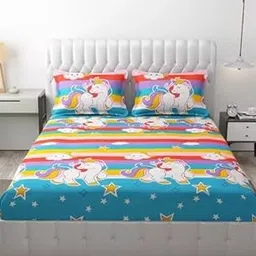BSE Homes Rainbow Unicorn Bedding Set, Double Size, Multicolour Striped Pattern with Stars | Fitted BEDSHEET | 72 * 78 FITS Upto 8 INCH Matress-picture-30