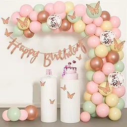 Party Propz Butterfly Theme Happy Birthday Decoration Kit - Pack of 79 Pcs With Butterfly Decoration Items, Pastel Balloons, Happy Birthday Banner, Rose Gold Confetti Balloons (Multicolour)-picture-14