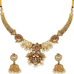 shining jewel - by shivansh Matt Gold Plated Kundan, CZ, Studded Lakshmi Temple, Jewellery Choker Dori Necklace with Matching Earring Jewellery/Jewelry Set For Women (SJN_231) image 1