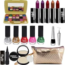 Adbeni Summer Vacation Combo Offer Makeup Set ( 9 Color Eyeshadow,Eyeliner, Nail Paint, Kajal, Compact, Lipstick & Silver Makeup Pouch) Set of 15-picture-40