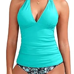 yonique Womens Halter Tankini Swimsuits V Neck Tankini Tops with Bikini Bottom Two Piece Tummy Control Bathing Suits-picture-43