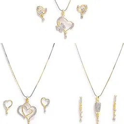 zeneme Jewellery Set Gold Plated American Diamond Heart Shape and Crystal Style Pendant Necklace Set for Women and Girls Set Of 3 image 1