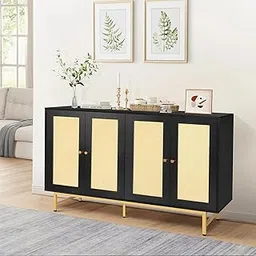 ND INTERNATIONAL Modern Cane Storage Cabinet with Black Frame and Natural Rattan Doors 4-Door Sideboard Buffet with Gold Metal Base Solid Wood Accent Storage Cabinet for Dining Room, Living Room-picture-12