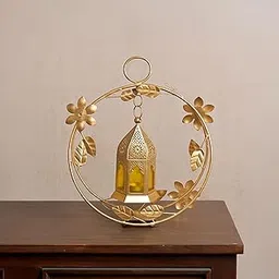 MARKET 99 Metal+Glass Golden Metal Wreath Lantern with Yellow Glass | for Diwali, Christmas, Birthday, and Wedding | Decorative Candle Holder for Home Decor & Festive Season | Golden & Yellow-image-45