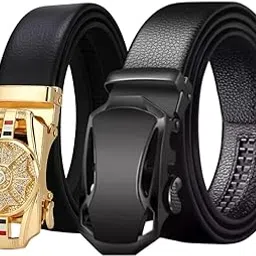 Niddleman Men's Leather Belt with Gold Crystal Buckle, Black, Automatic Ratchet, Adjustable Dress Belt for Business, Formal and Casual Wear-image-2