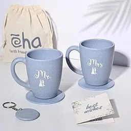 Eha Earth-Friendly Mr & Mrs Classic Coffee Mugs for Couple | Wedding Gift for Couples| Gift idea for Man | Gifts for Girlfriend| Set of 2 | 300 ml | Coffee Mug | Made with Rice Husk| Azure-image-77