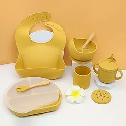 Silicone Baby Feeding Set - Baby Food Plate Set for Kids with Suction Plates for Baby, Baby Feeding Bowl and Spoon Set, Bib, Snack/Sipper Cup, Baby Feeding All in 1 Combo-BPA Free Silicone - Yellow-image-0