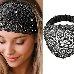 kickzu Lace Headbands for Women, Wide Floral Pearl Lace Elastic Head Bands, Bandanas for Hair, Head Cover for Women, Hair Band for Women Stylish, Beanie Cap for Women, Viral Forehead Hair Band (Black, Pack-1)-picture-20