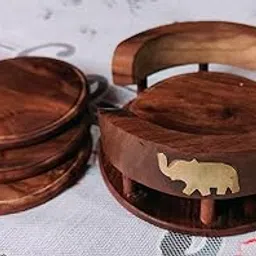 PEBBLECRAFTS Wooden Handmade Tea Coasters Set of 6, Coasters for Cups Set of 6, Tea Cup Holder Table, with Elephant Brass Work, Coffee Wooden Coaster Set Cup Wooden Stand Coaster-picture-22