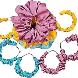 Fashion Premium gift scrunchies for girl, women hairband Hair Scrunchies and Hoop Earrings Set with Unique Texture Luxurious Satin Scrunchies, Ivory handmade Hair Bands, Oversized Ruffle Design, Elastic Hair Accessories for Women, (srunchies Pack of 3) and (hoop earing sed 3) (Random Colours size (M)-picture-36