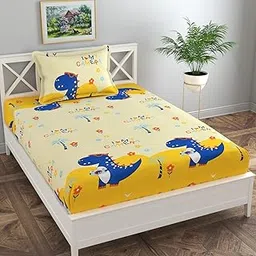 ELMORA Microfiber Kids Elastic Fitted Cotton Bed Sheet Cartoon Printed Single Bedsheet with 1 Pillow Cover | Soft, Hypoallergenic, Wrinkle-Free | 220 TC | 36x72 Inches (3x6 ft) | Dinosaur Multicolor-picture-10