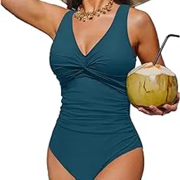 Holipick One Piece Swimsuit for Women Classic V Neck Twist Tummy Control Slimming Monokini Green L, Green, L-picture-19