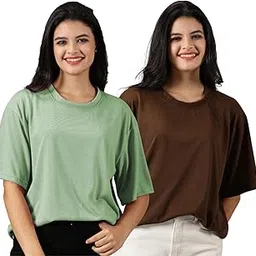 rodzen Oversized Baggy Fit Half Sleeves Round Neck Solid Cotton Blend Combo T-Shirt for Women (Pack of 2)-picture-28