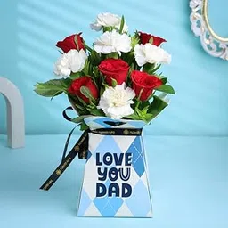 FlowerAura Fresh Live Flower Bouquet of 5 White Carnations & 5 Red Roses In Box For Birthday Gift & Father's Day Gift For Dad | Papa | Father-In-Law | Grandfather | Daddy | Baba (Same Day Delivery)-picture-10