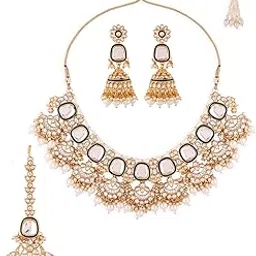 zaveri pearls Green Enamel Kundan & Pearls Bridal Necklace Earring & Maangtikka Set For Women-ZPFK16755-picture-22