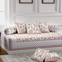 Rajasthan Decor Screen Designer Printed White and Orange Color Floral Jaipuri Cotton Diwan Set (Set of 8) image 1