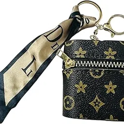 Designer Mini Coin Purse Keychain with Zipper, Black and Gold Floral Pattern, Stylish Women's Accessory-image-2