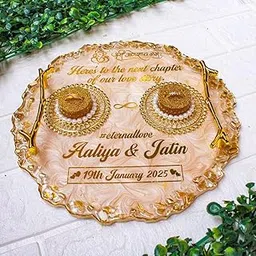 Customized Royal Resin Engagement Platter | Handcrafted Golden Tray with 2 Premium Ring Boxes | Personalized Wedding & Engagement Gift | Name & Date Customization (Design 2, 8 inch)-picture-31