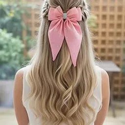 Decorative Pink Hair Bow with Rhinestones, Large Satin Ribbon Barrette, Hair Accessory for Long Hair-image-10