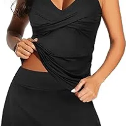 Womens Tankini Bathing Suits with Skirt Two Piece Tummy Control Swimsuits Ladies Swimwear, Black, L-image-86
