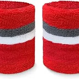 COUVER Tennis Style Premium Quality Athletic Terry Wristband Sweatband(1 Pair), 4 inch Red/Charcoal/Red-picture-21