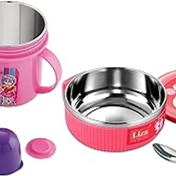 Nabhya Linex 380ml Stainless Steel Multipurpose Air Tight Baby Feeding Bowl with 250ml Stainless Steel Plastic Spout Sipper Cup for Kids (Pink)-image-57