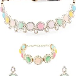 zaveri pearls Multicolor Stones Embellished Ethnic Choker Necklace Earring Bracelet & Ring Set For Women-ZPFK17112-picture-46