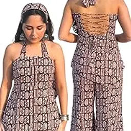 preetify Designer Women's Pure Cotton Printed Co-ord Set | Indo Western Backless Kurti Set, Corset Back & Lace-up Halterneck | with Scarf Sleeveless Strappy, and Soft Lining & Concealed Side Zip-picture-57