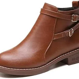 Imported Quality Women’s 2025 British Style Brown Round Toe High Top Boots | Fashion Belt Buckle Leather Slip-On Boots | Height Increasing, Hard-Wearing PU & Rubber Sole-picture-26