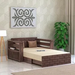 Ganpati Arts Solid Sheesham Wood 2 Seater Sofa Cum Italian Bed with Headboard and Mini Storage for Home Office Living Room Wooden Sofa Furniture (Walnut Finish)-image-1