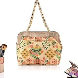 Heart Home Polyester Hand Purse for Woman and Girls with Zip Closure | Stylish Ladies Hand Purse | Flower Check Embroidery Moti Design - Cream-picture-14