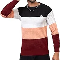 prashar Men’s Full-Sleeve Textured Knit Sweater | Stylish Multi-Stripe Pullover with Ribbed Cuffs & Hem | Soft & Breathable Casual Winterwear Outfits-picture-27