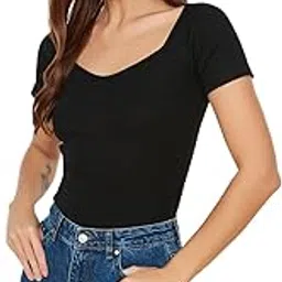 redamancii Womens Heart Neck Short Sleeves Cotton Ribbed Top-picture-48
